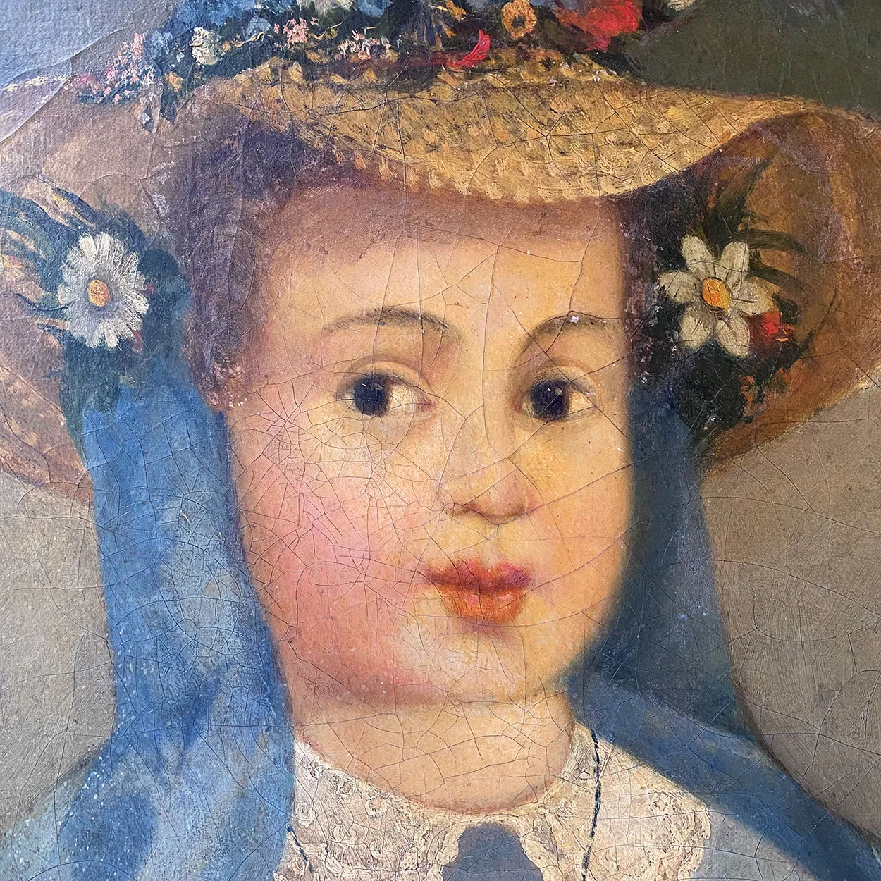 Continental Oil on Canvas Painting, Portrait of a Young Girl in a Floral Straw Hat