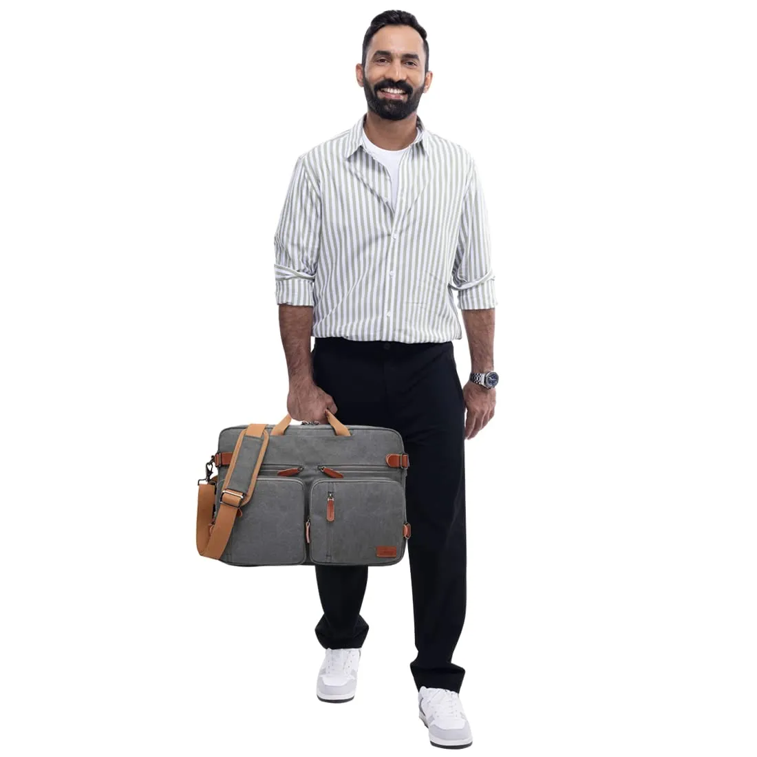 Convertible Laptop Backpack with Genuine Leather Trim | 15.6 Inch | Grey | 14L Capacity