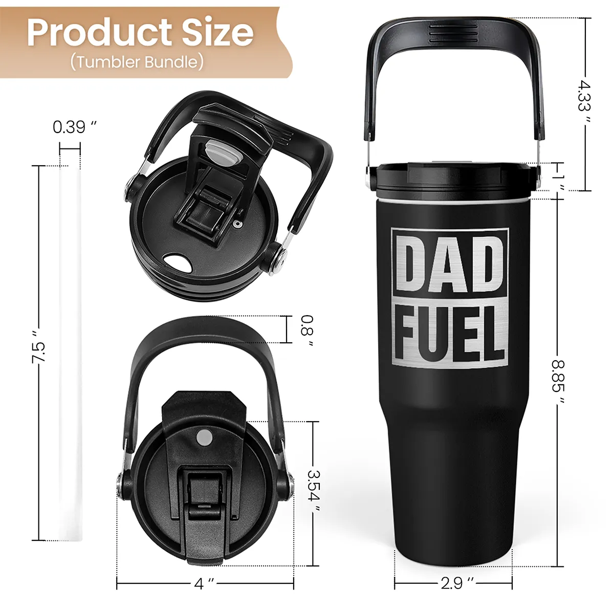 Dad Tumbler 30oz, Dad Fuel Stainless Steel Insulated Tumblers Travel Cup with Carry Handle & Flip Straw Lid, Gifts for Dad from Daughter Son, Dads Gift for Birthday Christmas Fathers Day