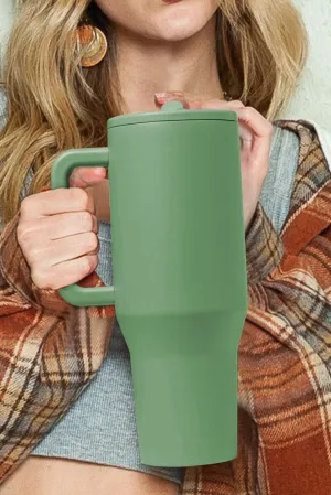 Dark Green Frosted Stainless Handle Large Vacuum Cup with Straw 1200ml