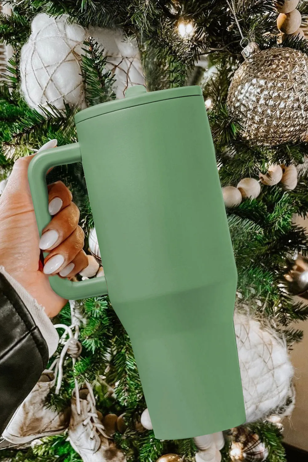Dark Green Frosted Stainless Handle Large Vacuum Cup with Straw 1200ml
