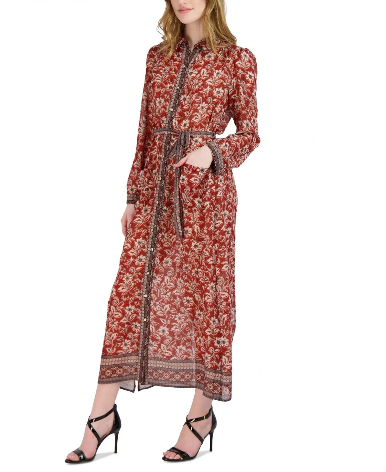 Donna Ricco Women's Printed Maxi Shirtdress DR52378 Rust Multi Orange 2