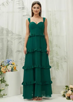 Emerald Green Chiffon Sweetheart Straps Tiered Maxi Bridesmaid Dresses