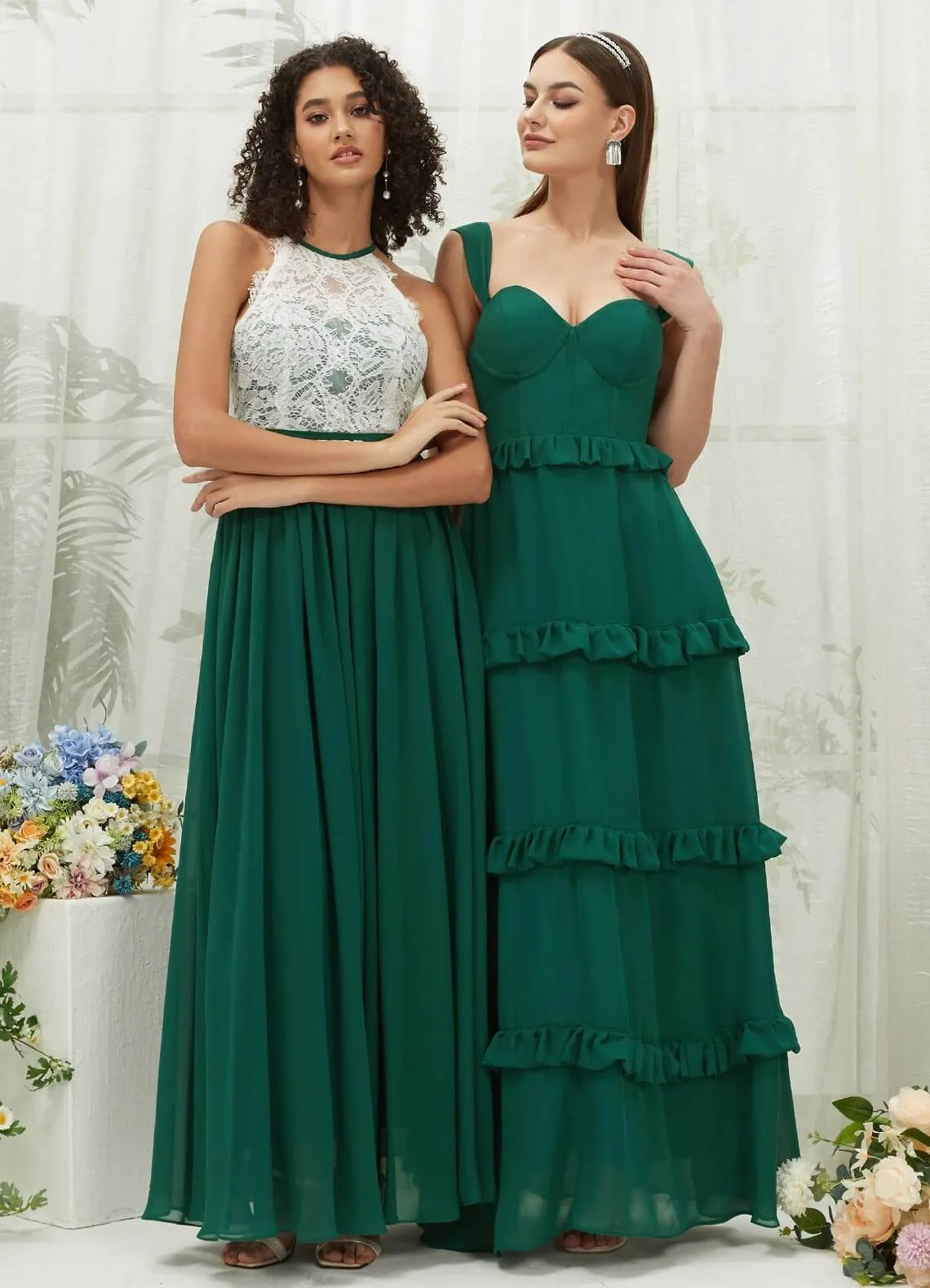 Emerald Green Chiffon Sweetheart Straps Tiered Maxi Bridesmaid Dresses