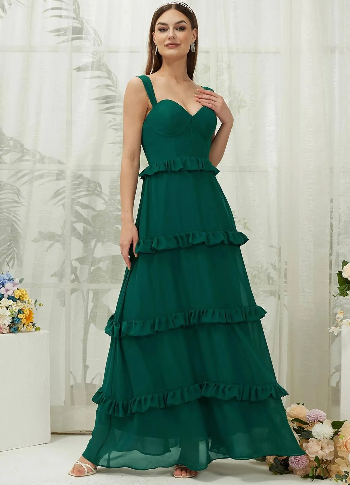 Emerald Green Chiffon Sweetheart Straps Tiered Maxi Bridesmaid Dresses
