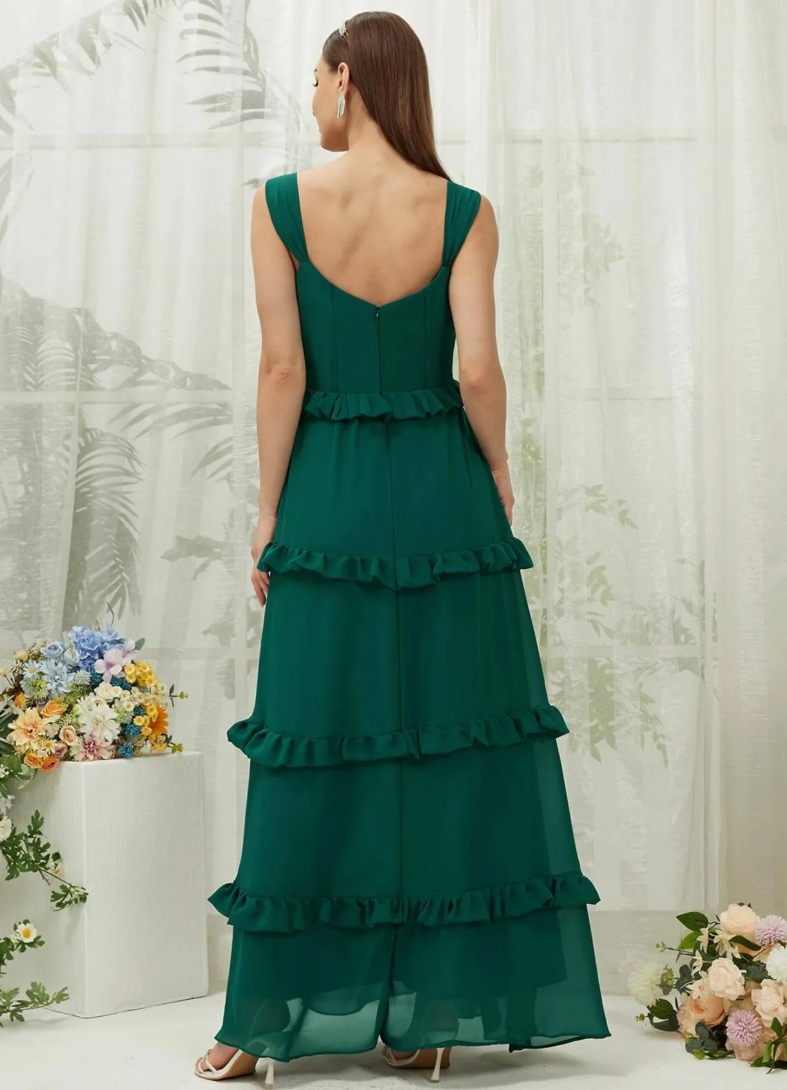 Emerald Green Chiffon Sweetheart Straps Tiered Maxi Bridesmaid Dresses