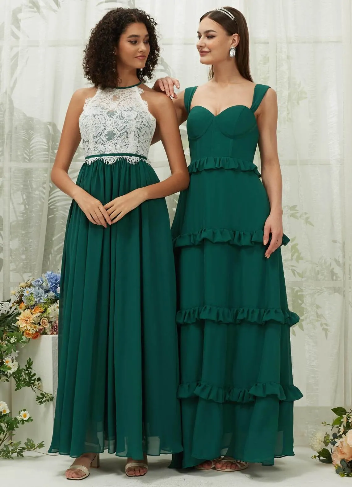 Emerald Green Chiffon Sweetheart Straps Tiered Maxi Bridesmaid Dresses