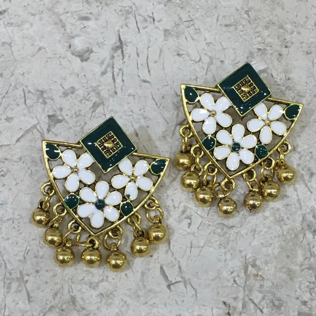 Enamel Work Earring with Gold Plated Oxidized Floral Design Alloy Stud Earrings