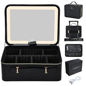 Faquenc 11.4 Inch Extra Large Makeup Bag with LED Lighted Mirror Leather Cosmetic Train Case Light up Mirror Portable Makeup Artist Storage Bag with Dividers Makeup Brush Holder Present Box Black