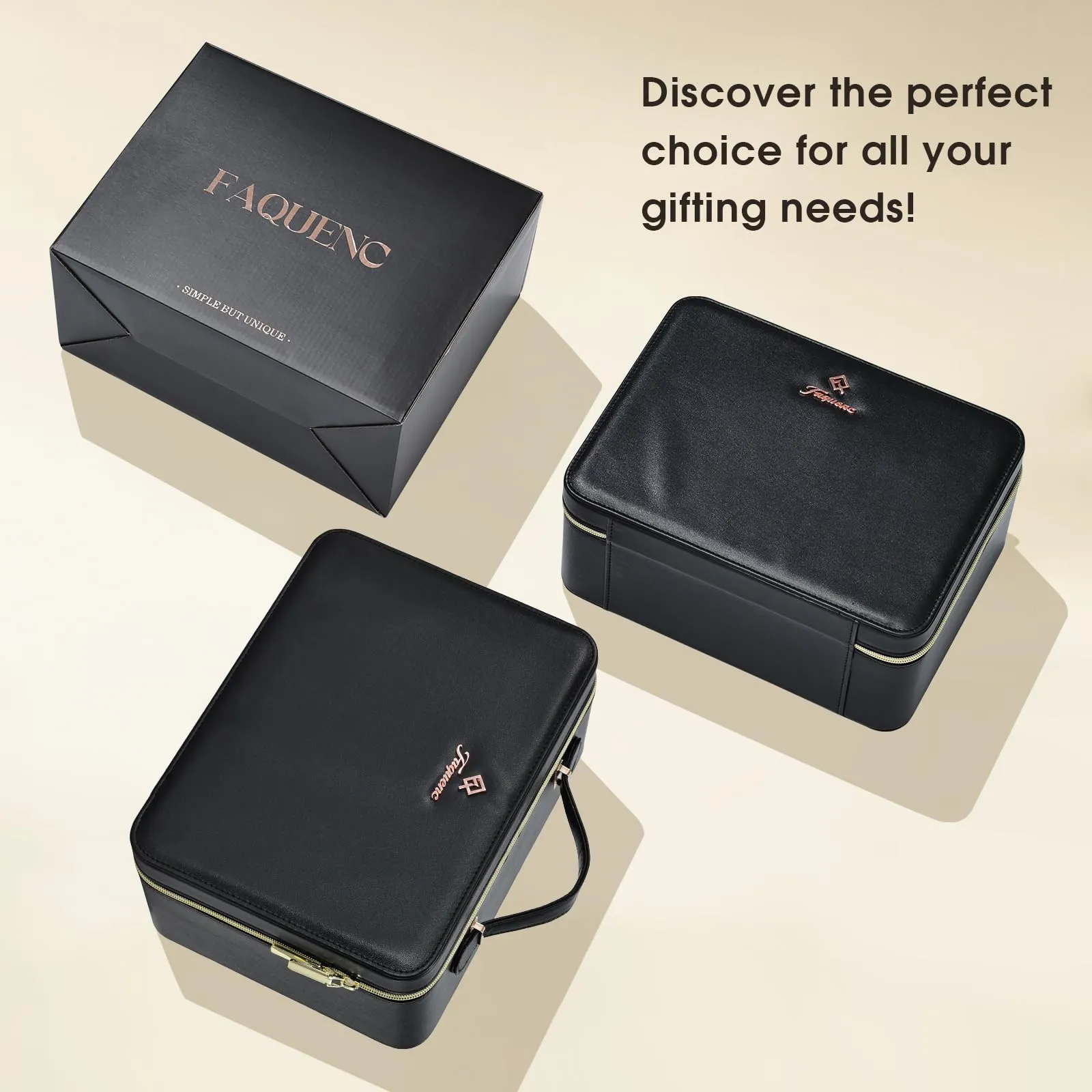 Faquenc 11.4 Inch Extra Large Makeup Bag with LED Lighted Mirror Leather Cosmetic Train Case Light up Mirror Portable Makeup Artist Storage Bag with Dividers Makeup Brush Holder Present Box Black