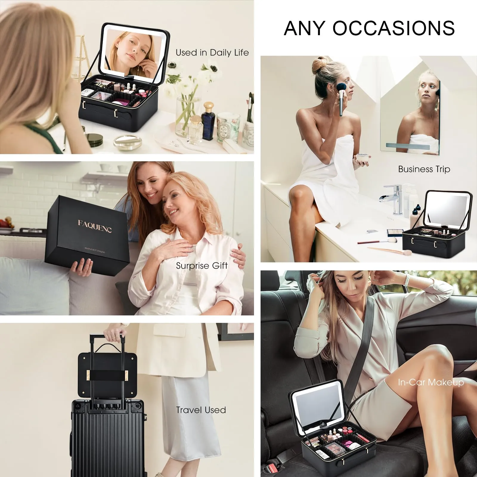 Faquenc 11.4 Inch Extra Large Makeup Bag with LED Lighted Mirror Leather Cosmetic Train Case Light up Mirror Portable Makeup Artist Storage Bag with Dividers Makeup Brush Holder Present Box Black