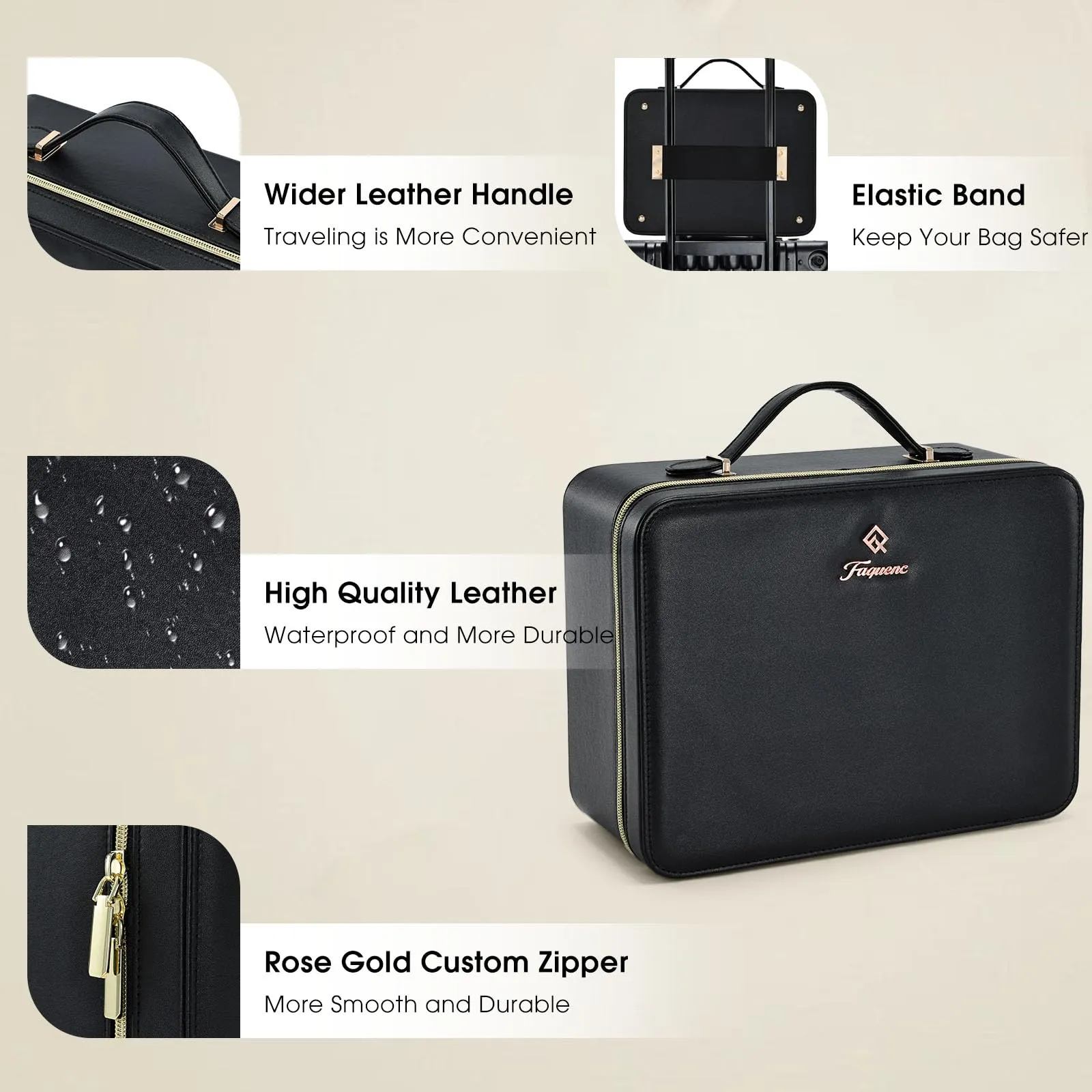 Faquenc 11.4 Inch Extra Large Makeup Bag with LED Lighted Mirror Leather Cosmetic Train Case Light up Mirror Portable Makeup Artist Storage Bag with Dividers Makeup Brush Holder Present Box Black