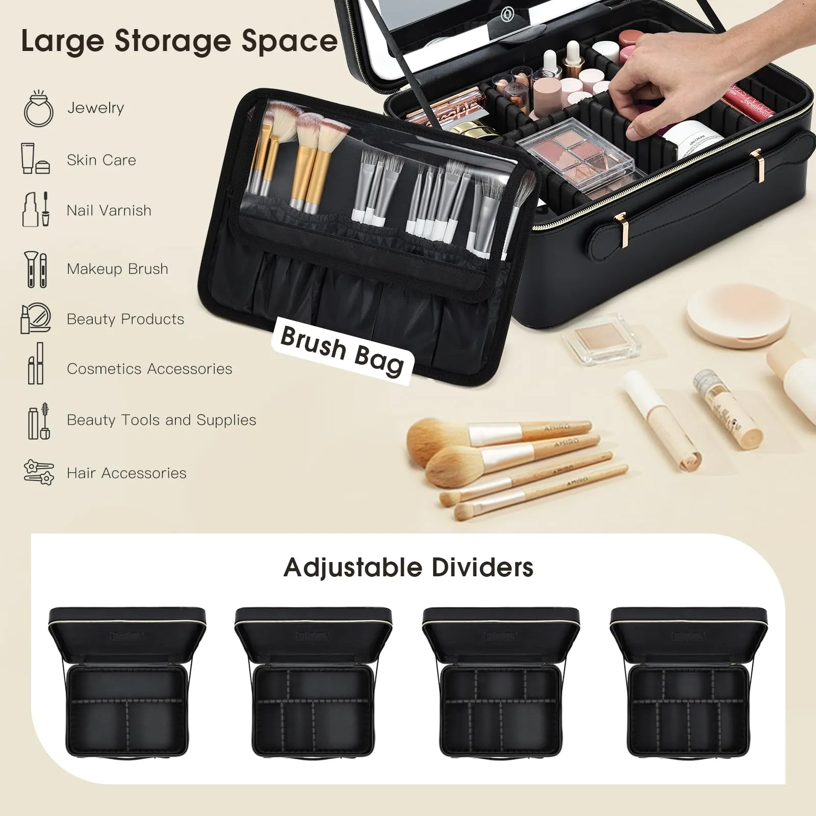 Faquenc 11.4 Inch Extra Large Makeup Bag with LED Lighted Mirror Leather Cosmetic Train Case Light up Mirror Portable Makeup Artist Storage Bag with Dividers Makeup Brush Holder Present Box Black