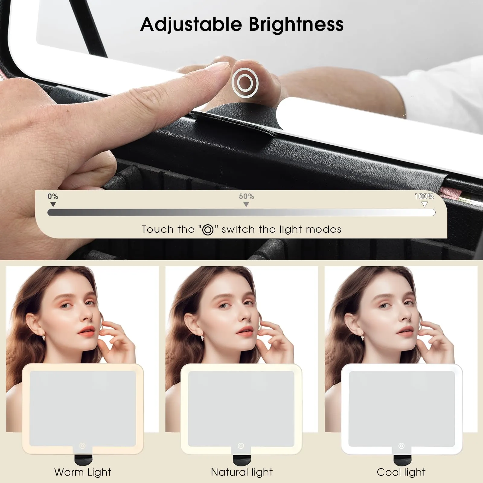 Faquenc 11.4 Inch Extra Large Makeup Bag with LED Lighted Mirror Leather Cosmetic Train Case Light up Mirror Portable Makeup Artist Storage Bag with Dividers Makeup Brush Holder Present Box Black