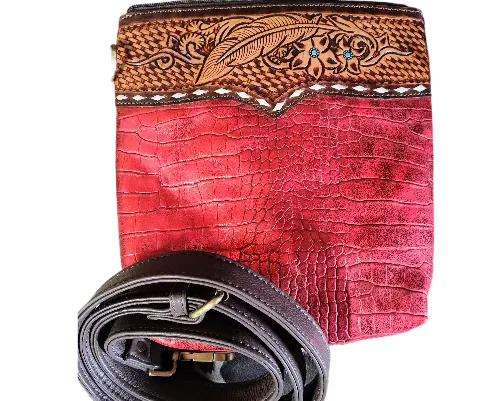 FEATHER TOOLED BUCKSTITCH RED GATOR PURSE