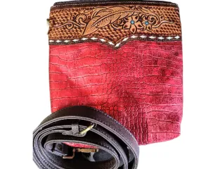 FEATHER TOOLED BUCKSTITCH RED GATOR PURSE