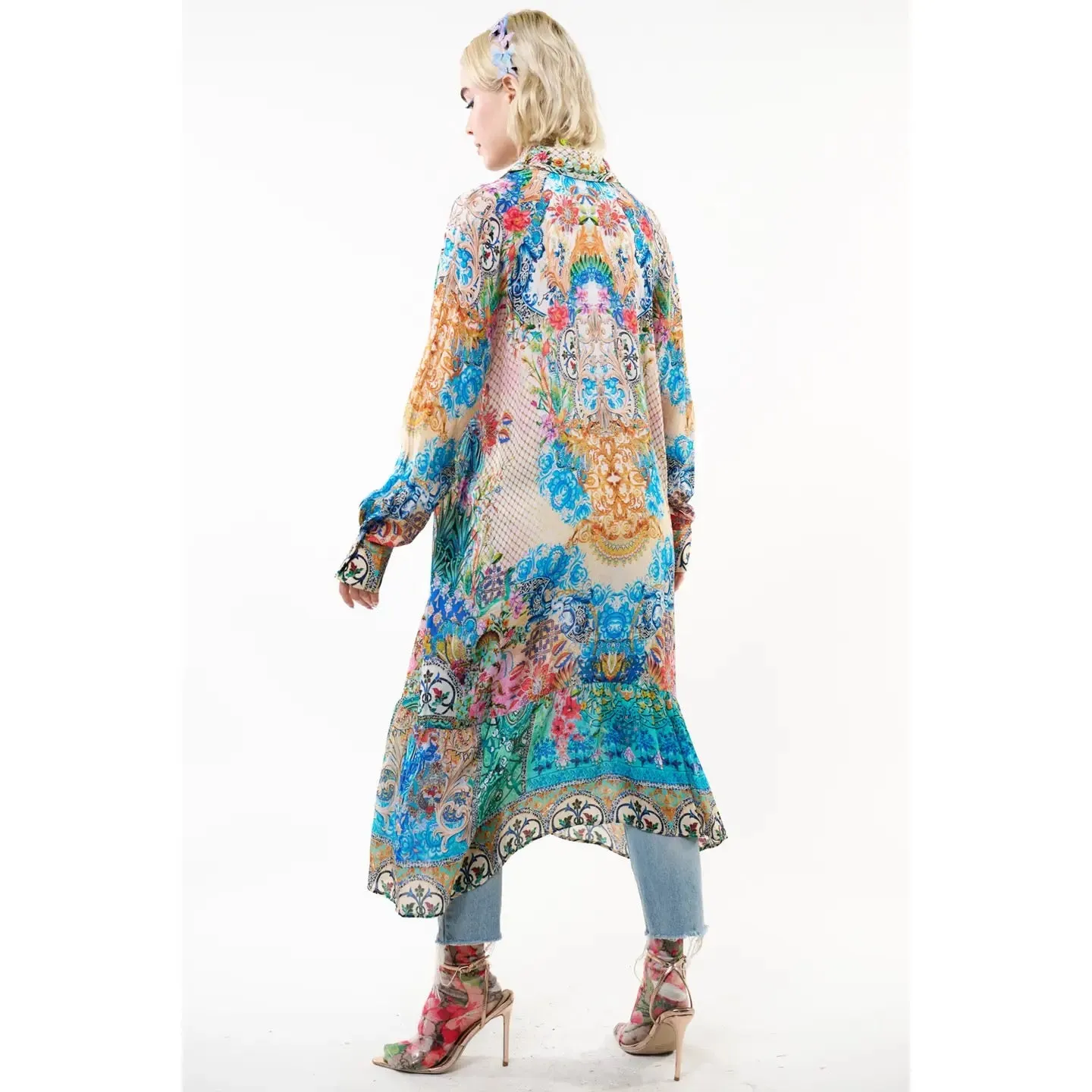 Floral print convertible collar long-sleeve dress