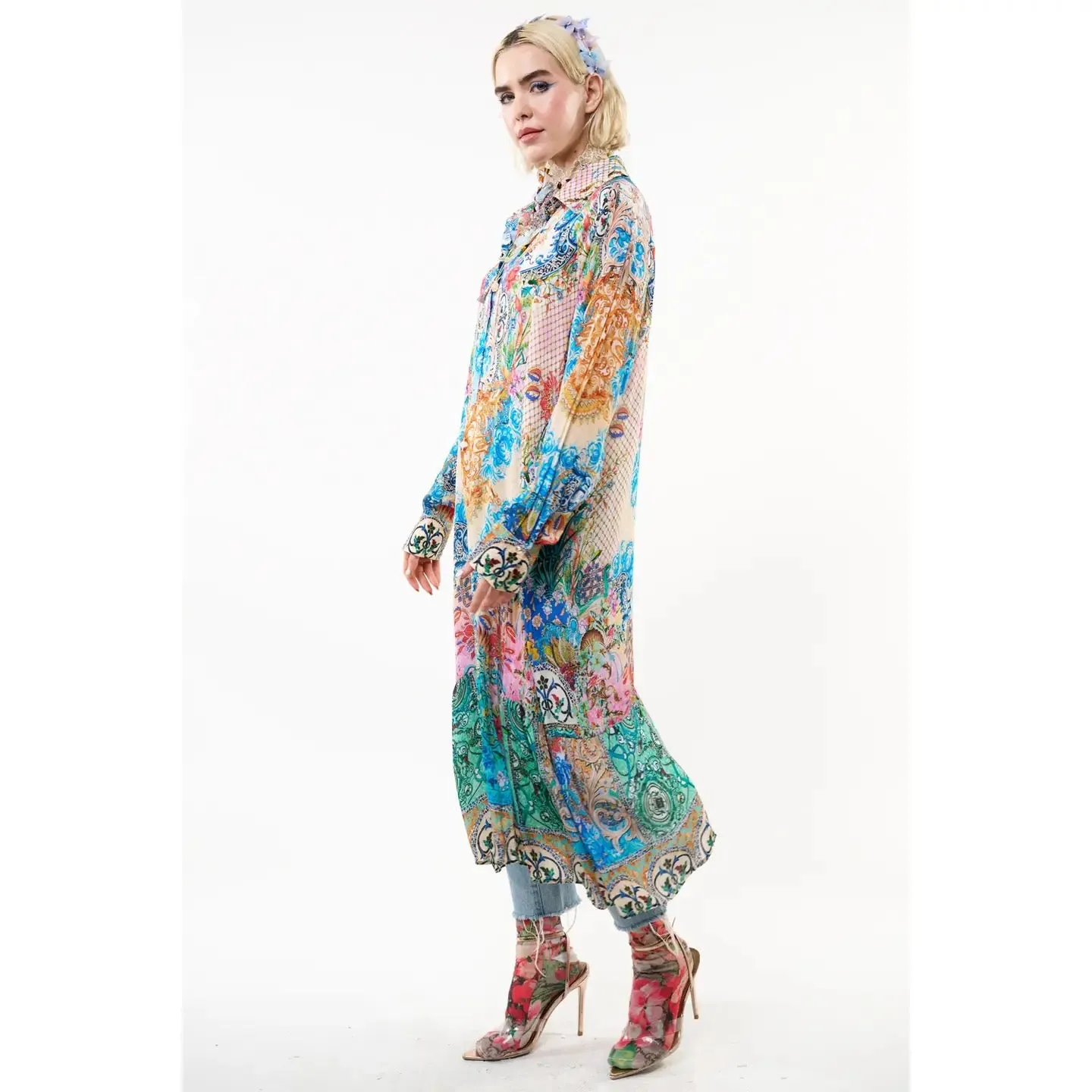 Floral print convertible collar long-sleeve dress