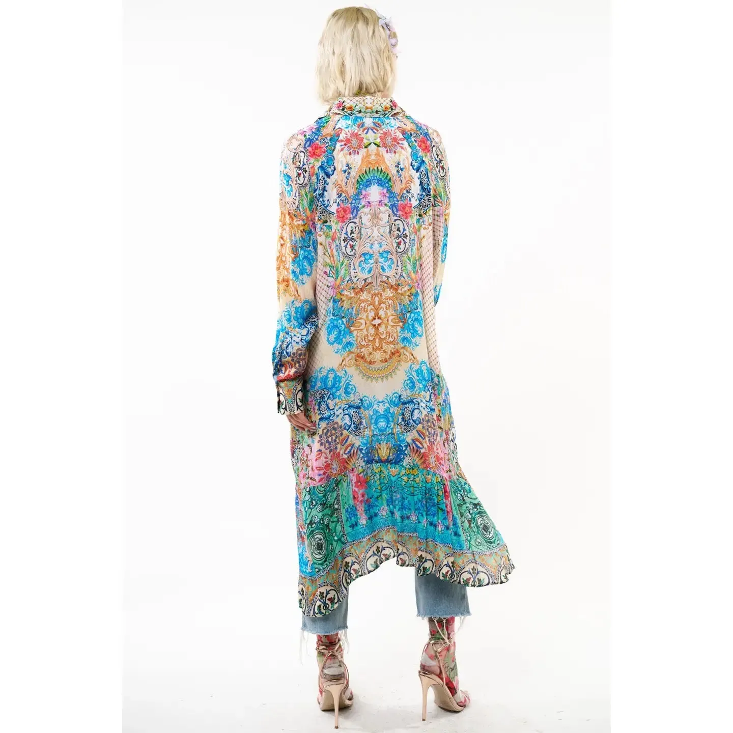 Floral print convertible collar long-sleeve dress