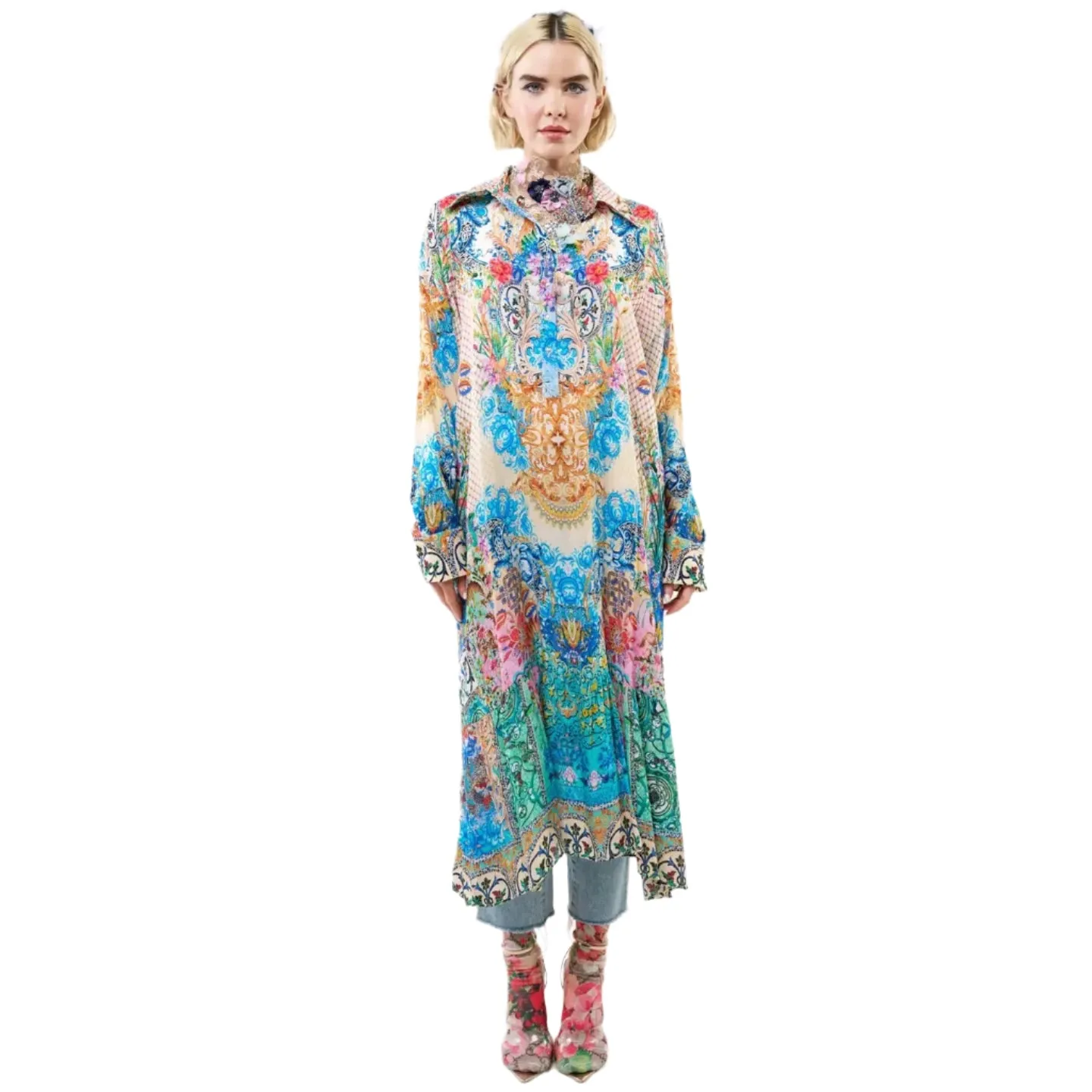 Floral print convertible collar long-sleeve dress
