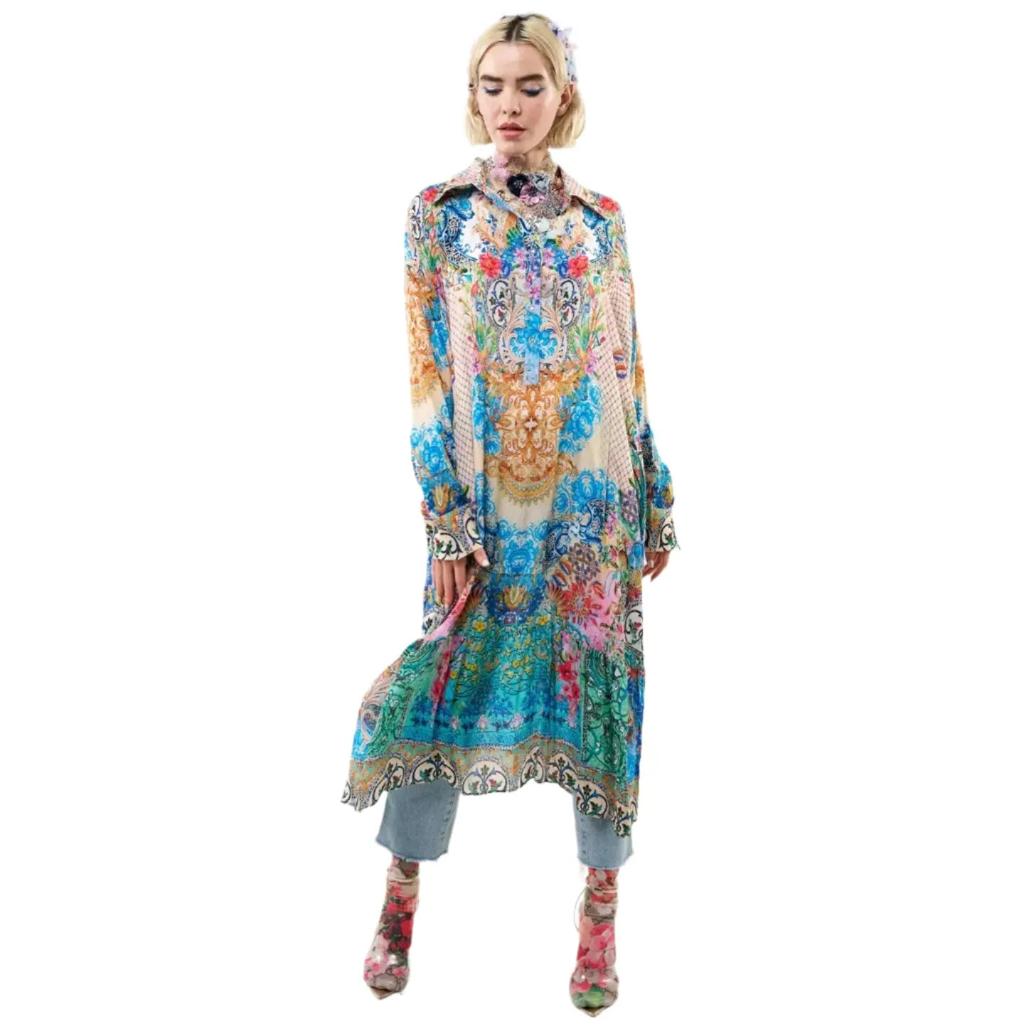 Floral print convertible collar long-sleeve dress