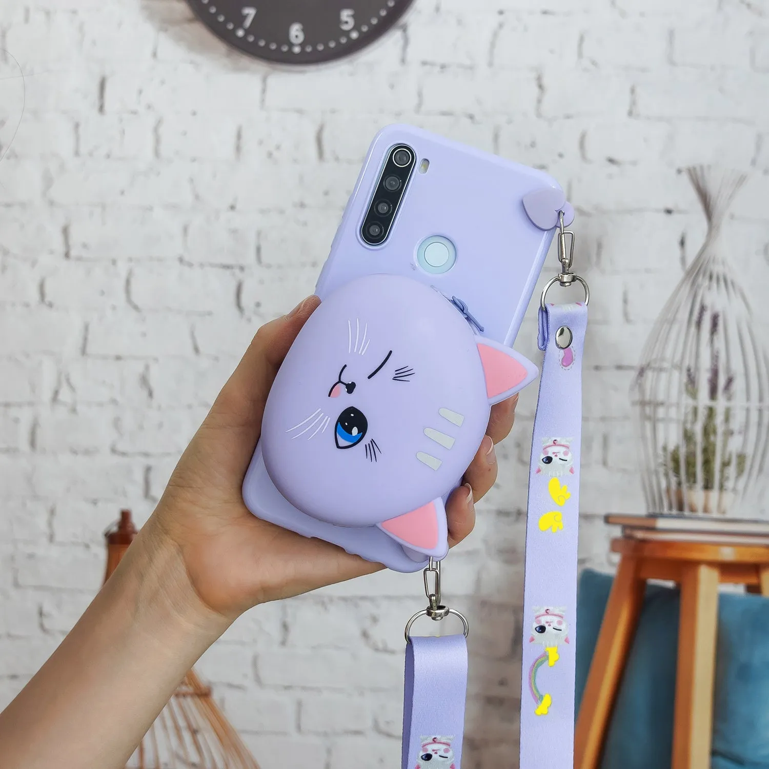 For Redmi Note 8/8T/8 Pro Cellphone Case Mobile Phone Shell Shockproof TPU Cover with Cartoon Cat Pig Panda Coin Purse Lovely Shoulder Starp  Green