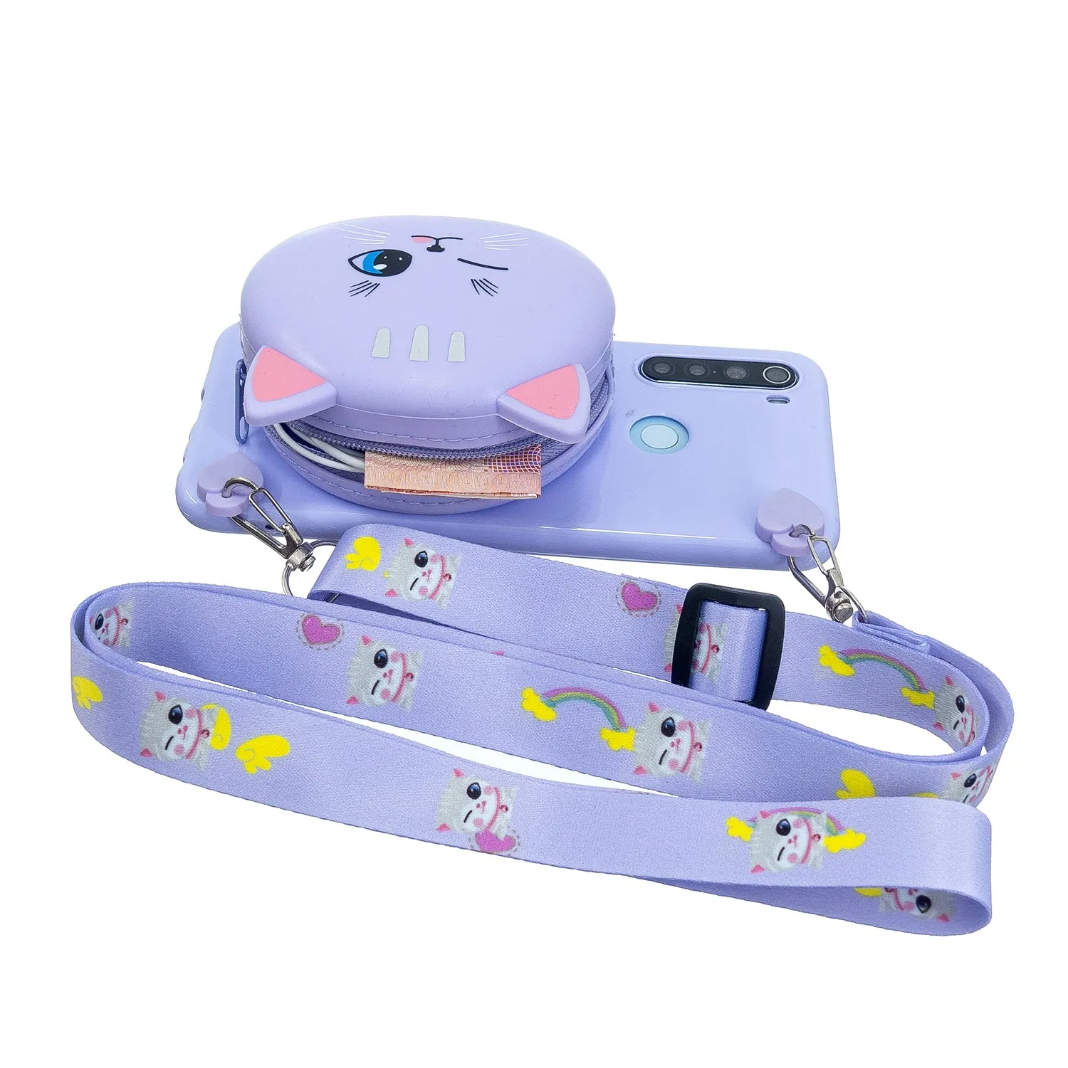 For Redmi Note 8/8T/8 Pro Cellphone Case Mobile Phone Shell Shockproof TPU Cover with Cartoon Cat Pig Panda Coin Purse Lovely Shoulder Starp  Purple