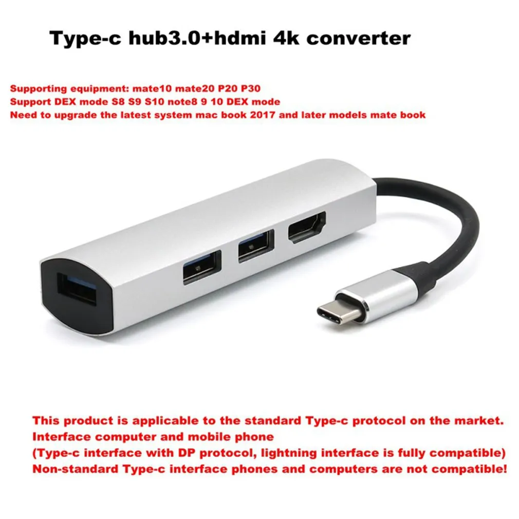 For Type-C Hub3.0   Hdmi4K 4 in 1 Notebook Mobile Phone Adapter Notebook for mate10mate20 P20 P30 Silver