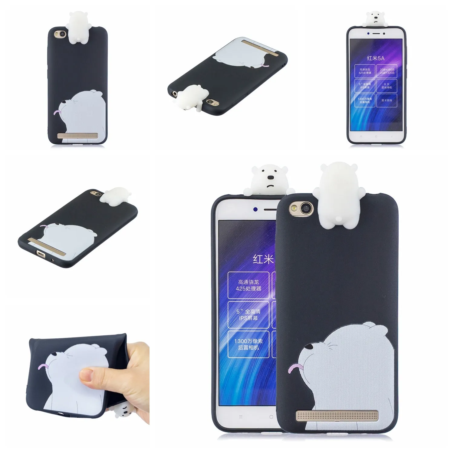 For XIAOMI Redmi 5A 3D Cute Coloured Painted Animal TPU Anti-scratch Non-slip Protective Cover Back Case black