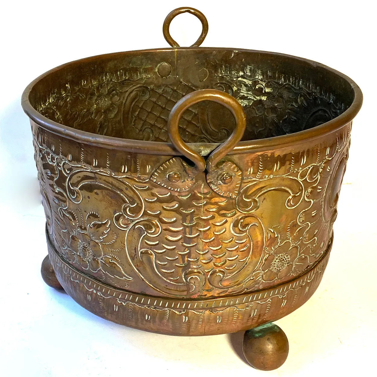 French Copper Repousse Round Two-Handle Planter / Jardiniere Pot