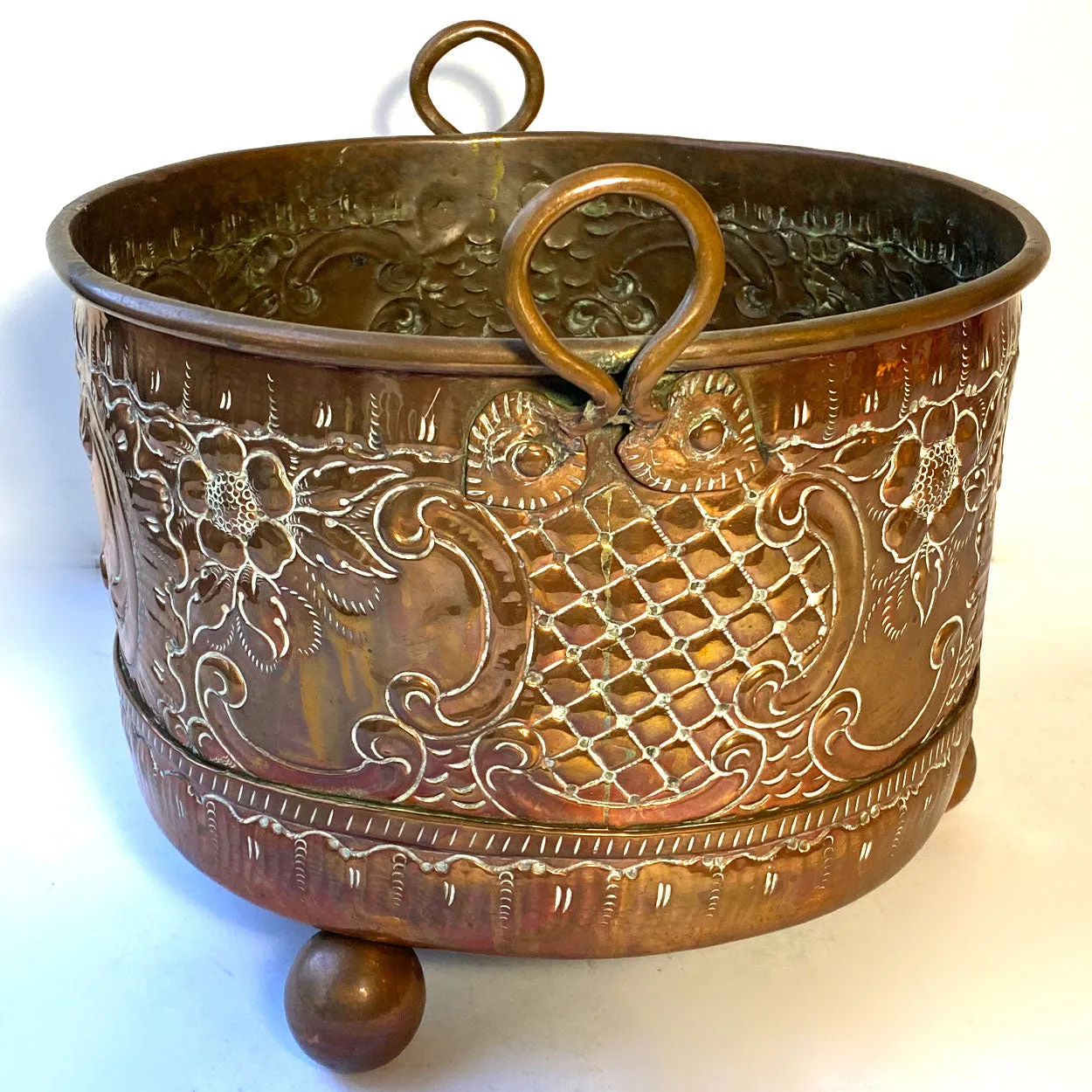 French Copper Repousse Round Two-Handle Planter / Jardiniere Pot