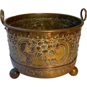 French Copper Repousse Round Two-Handle Planter / Jardiniere Pot
