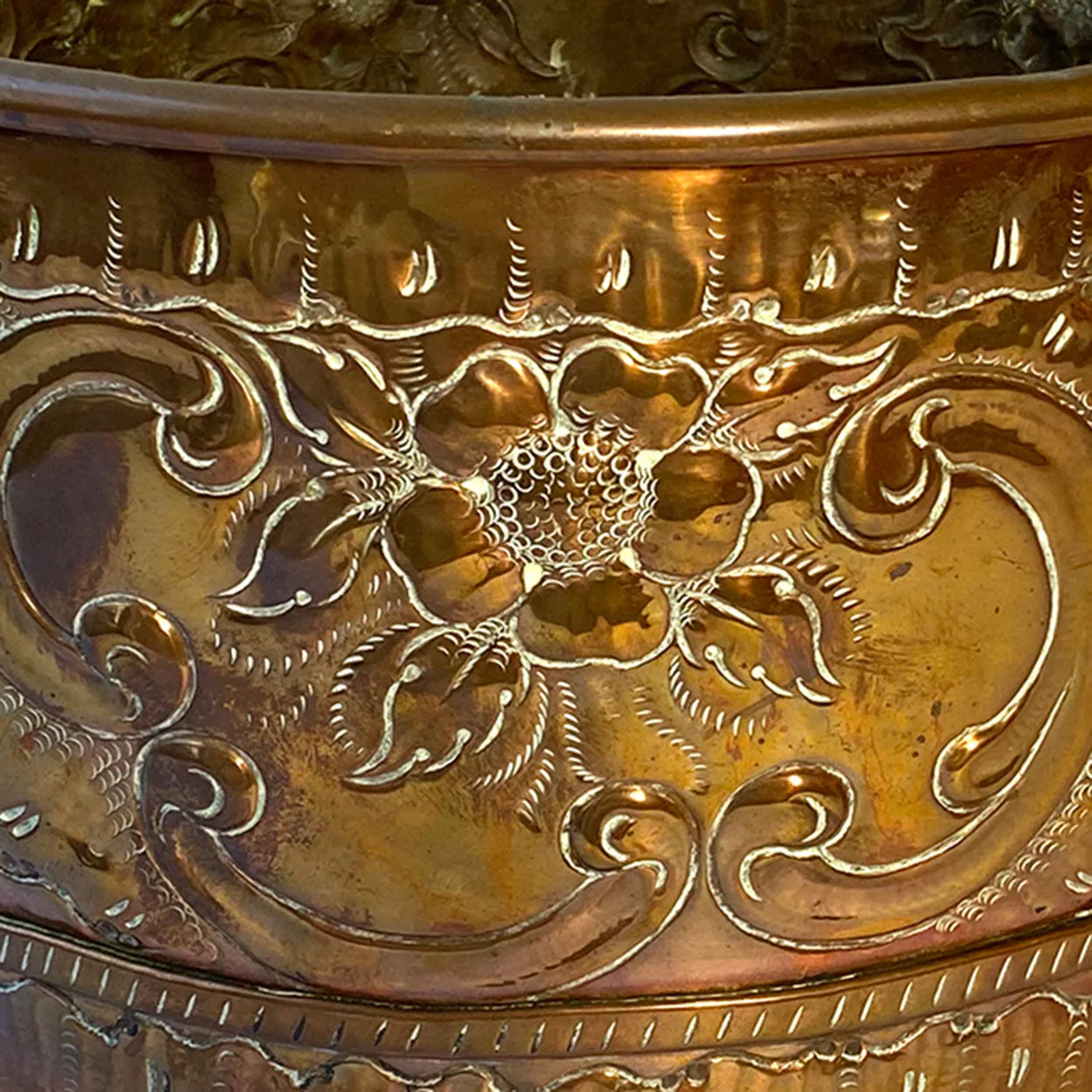 French Copper Repousse Round Two-Handle Planter / Jardiniere Pot