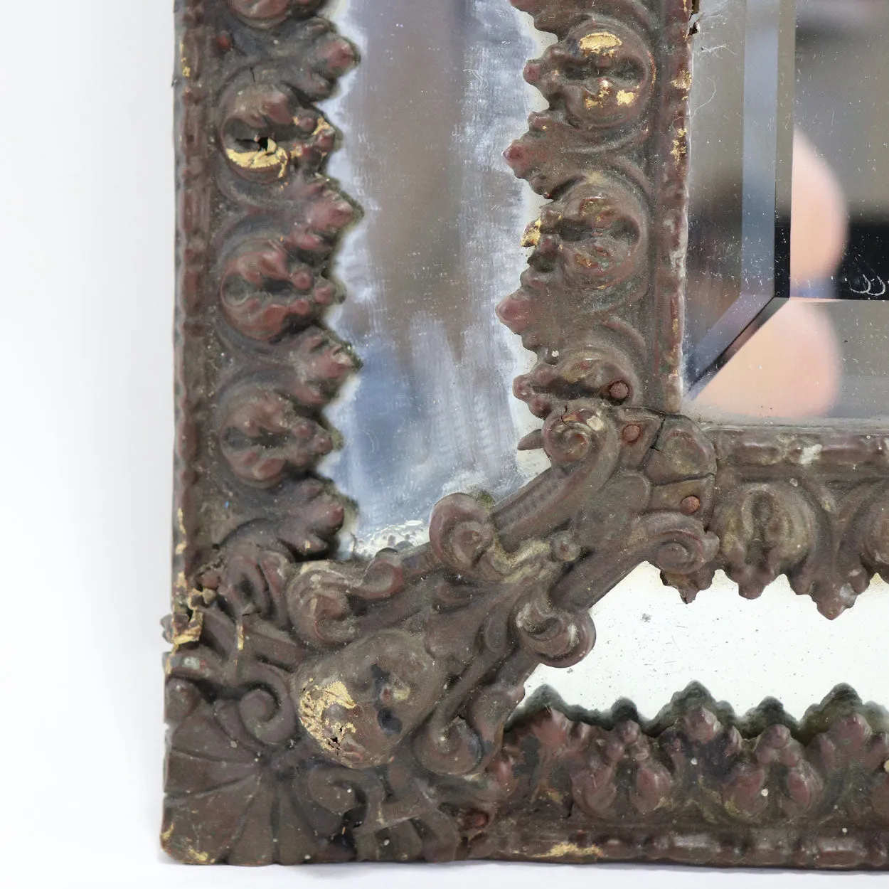 French Louis XIV Style Patinated Brass Beveled Pareclose Wall Mirror