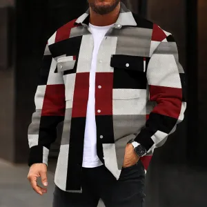 Geometric Color Block Print Double Pocket Denim Jacket 2412000829