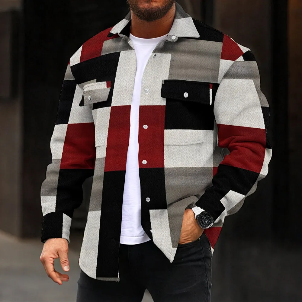 Geometric Color Block Print Double Pocket Denim Jacket 2412000829