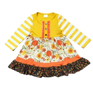 Girls Autumn Pumpkin Floral Cotton Knit Fall Long Sleeve Dress