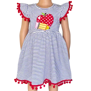Girls Back to School Dress with Apple and Pencil applique