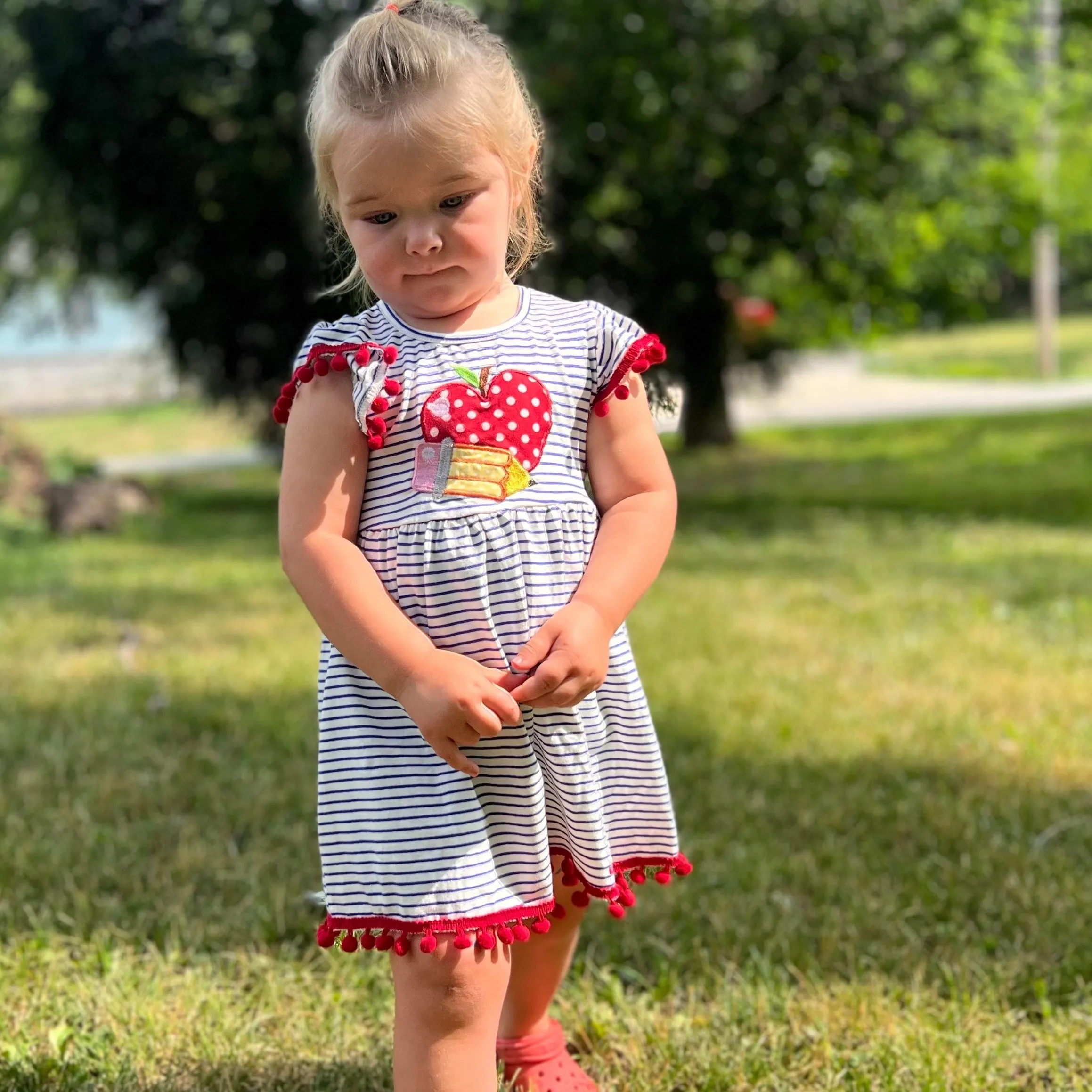 Girls Back to School Dress with Apple and Pencil applique