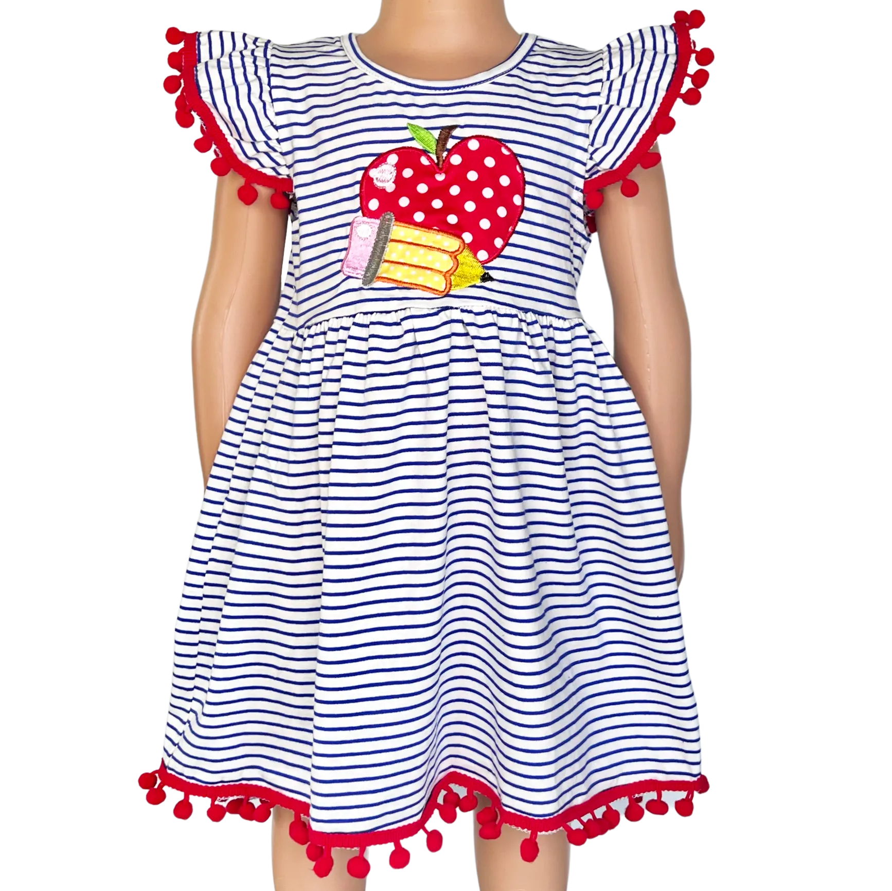 Girls Back to School Dress with Apple and Pencil applique