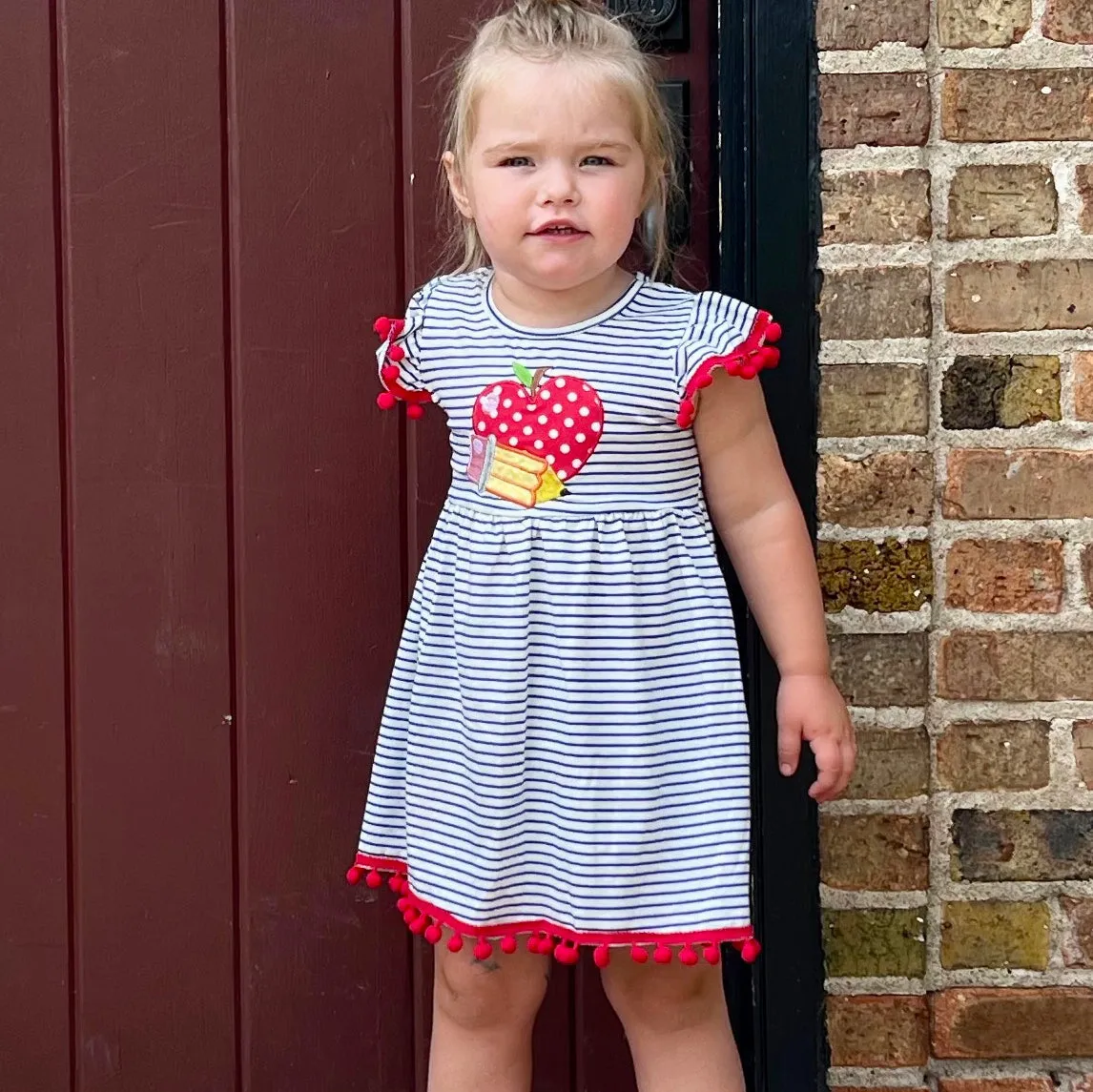 Girls Back to School Dress with Apple and Pencil applique