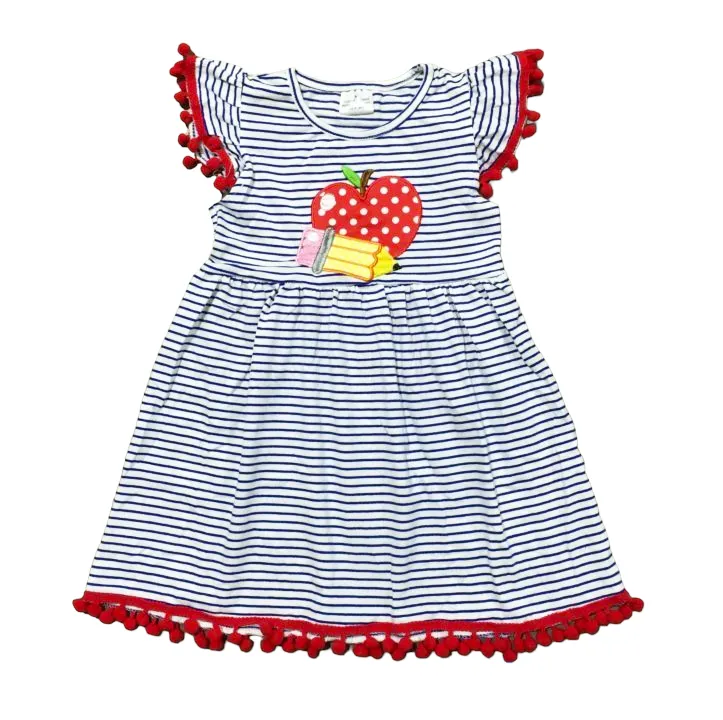 Girls Back to School Dress with Apple and Pencil applique