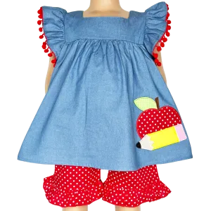 Girls Blue Chambray Apple top with Red polka Dot Ruffle Shorts Back to School