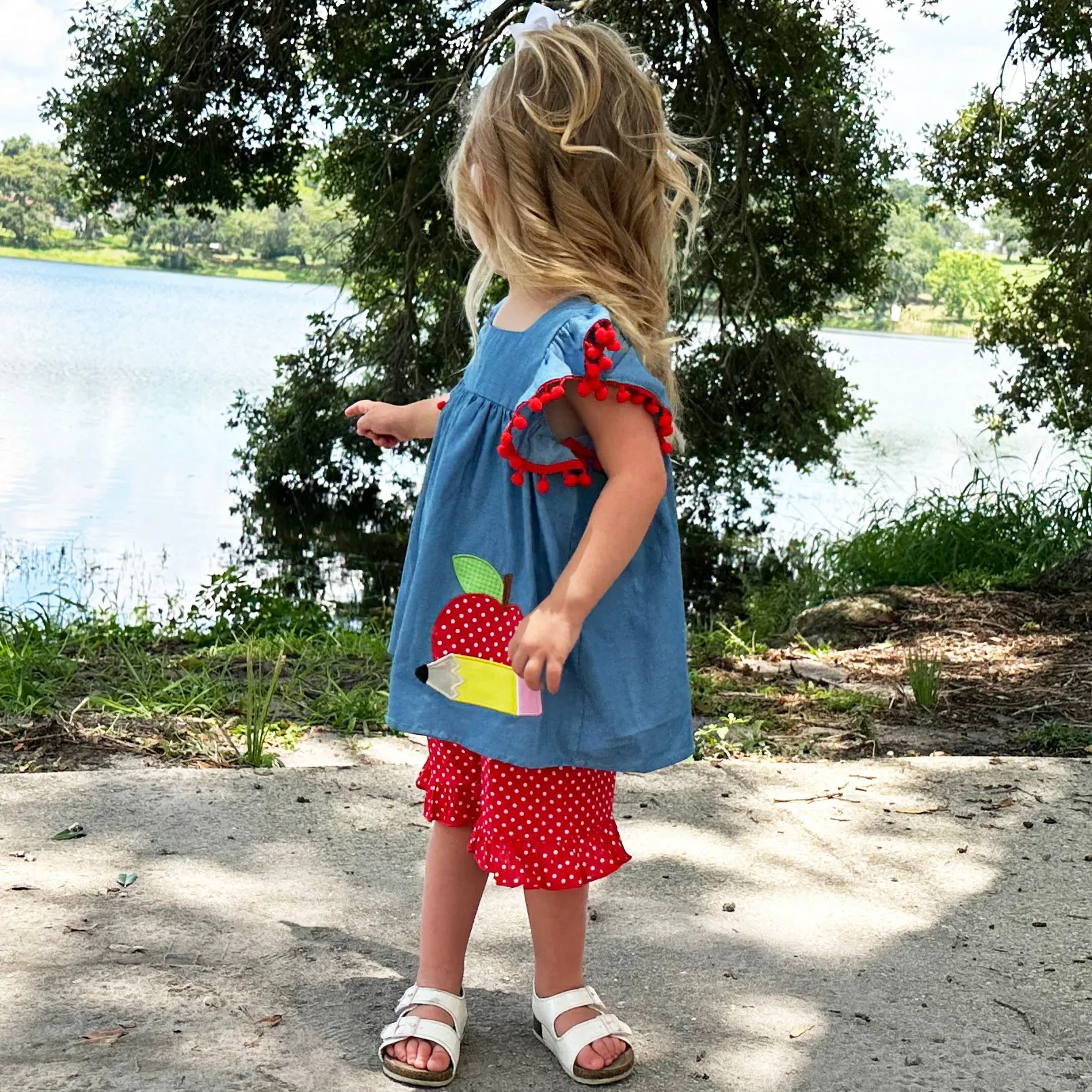 Girls Blue Chambray Apple top with Red polka Dot Ruffle Shorts Back to School