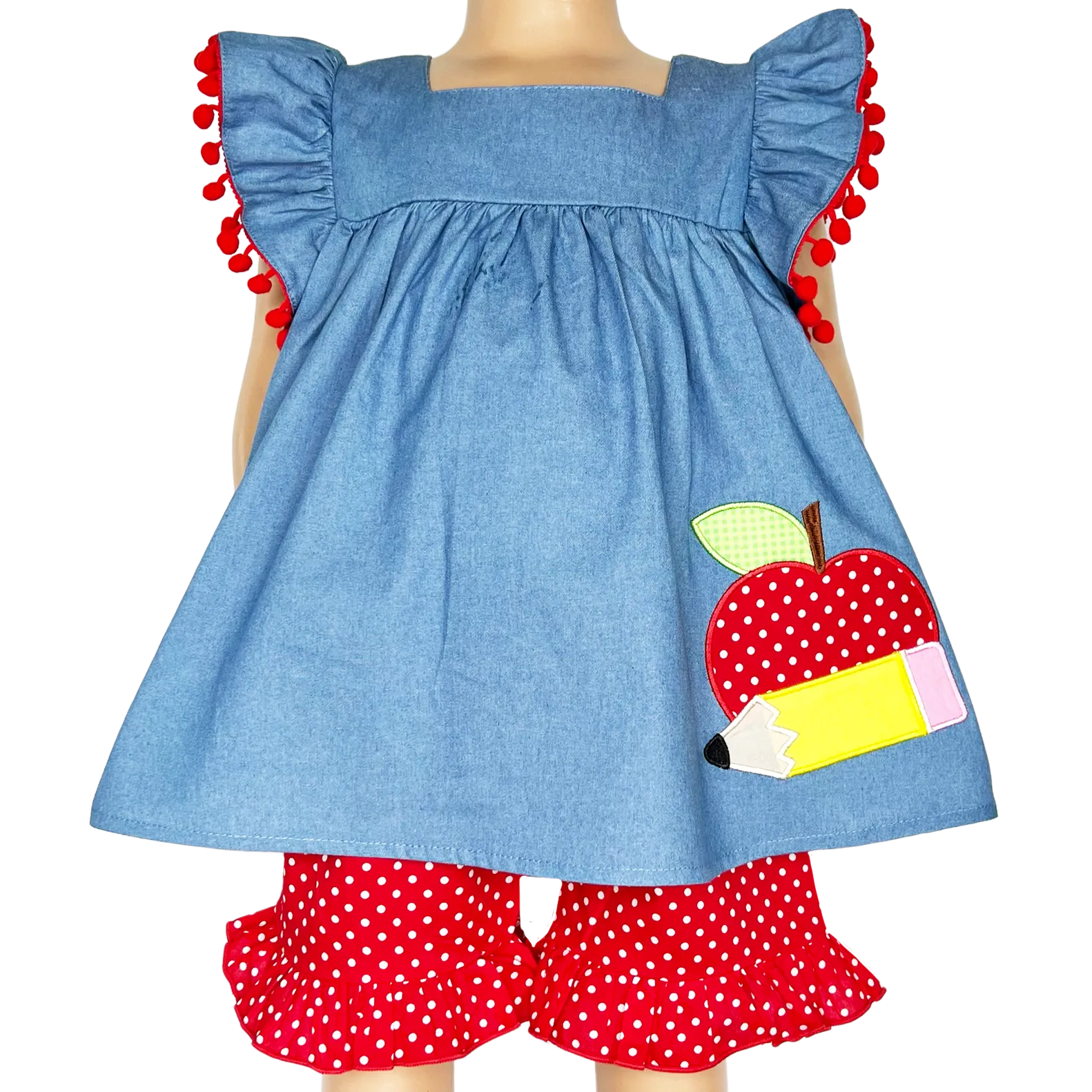 Girls Blue Chambray Apple top with Red polka Dot Ruffle Shorts Back to School