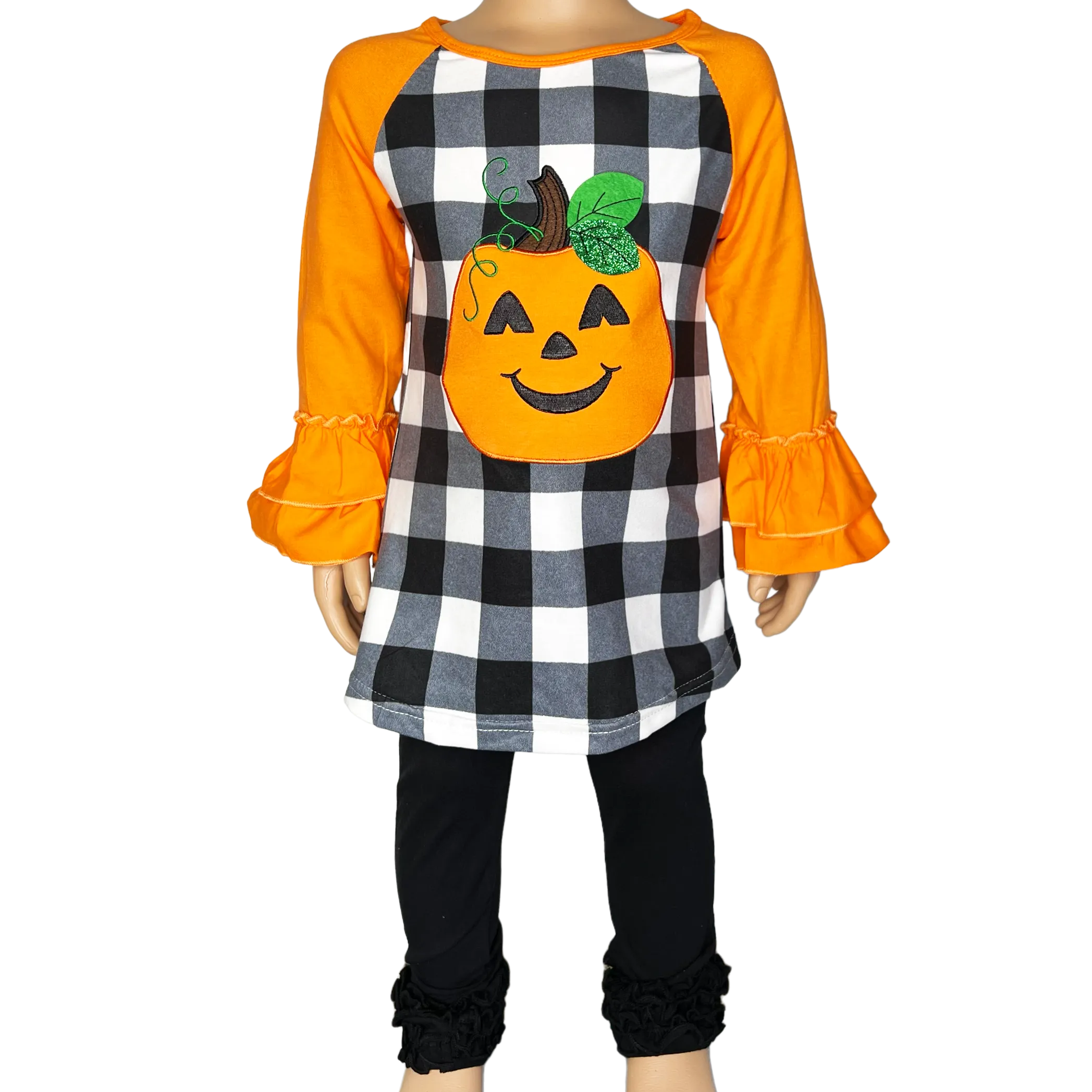 Girls Halloween Autumn Orange Pumpkin Jack O Lantern Top Ruffle Shirt