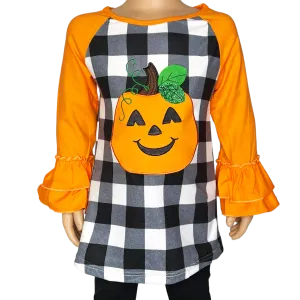 Girls Halloween Autumn Orange Pumpkin Jack O Lantern Top Ruffle Shirt