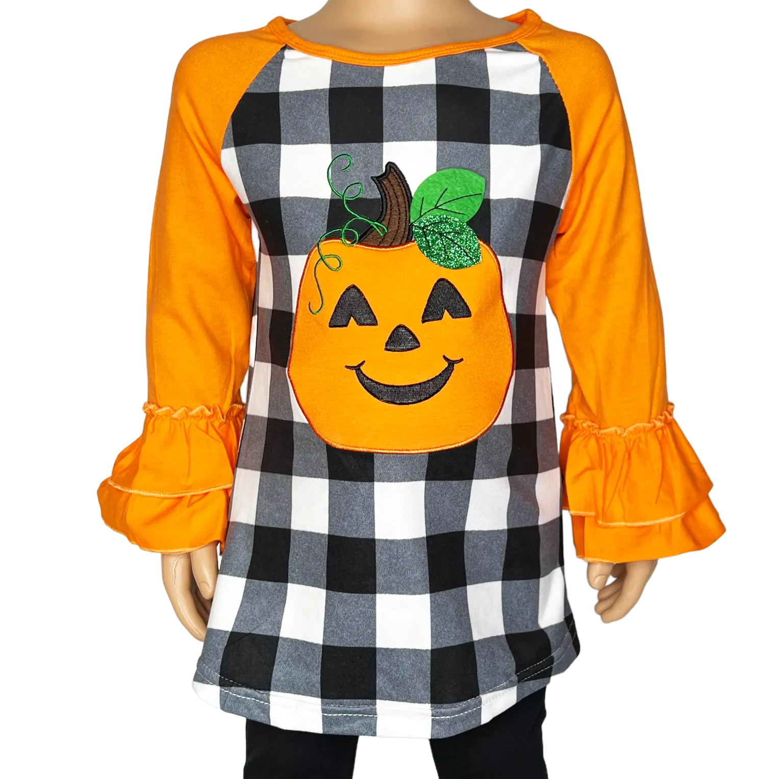 Girls Halloween Autumn Orange Pumpkin Jack O Lantern Top Ruffle Shirt
