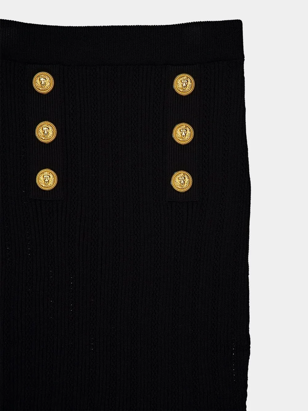 Gold-Buttoned Knit Midi Skirt