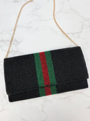 Green & Red Stripe Crossbody Chain Clutch - Black